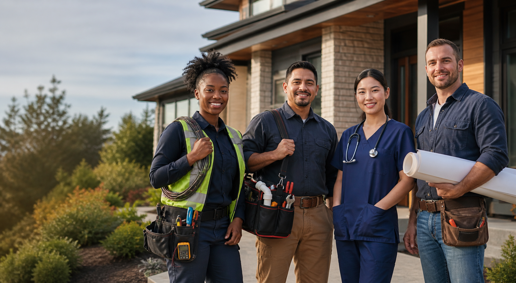 Diverse American professionals including an electrician, plumber, nurse and carpenter